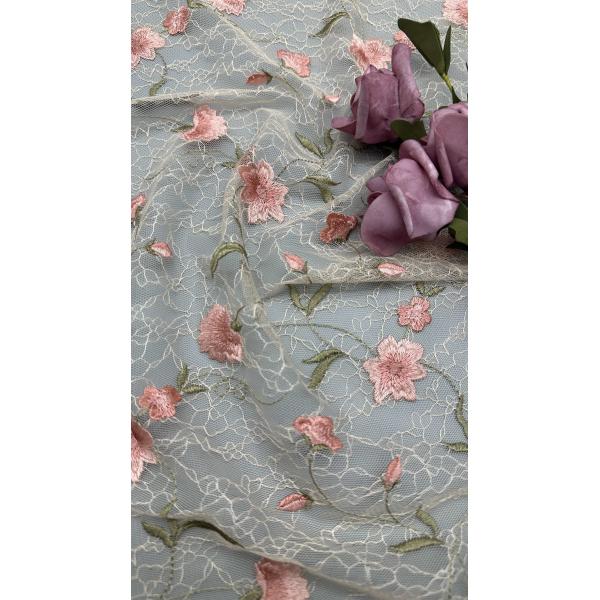 Leafy Embroidery Lace Fabric Floral Elegent 100% Cotton For Dress