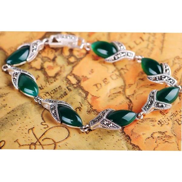 925 Silver Thailand Vintage Green Agate Women Bracelet (LB001)