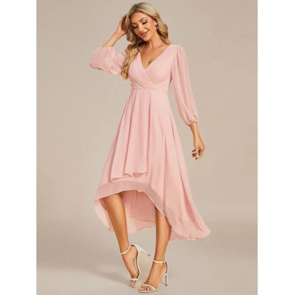 Elegant Empire Long Sleeve V-neck High Low A-line Ruffled Midi Navy Blue Chiffon Wedding Guest Evening Dress