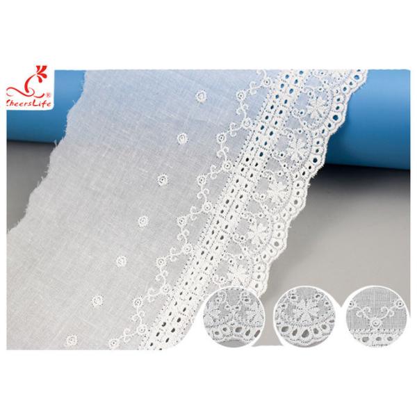 White Cotton Lace Fabric / Eyelet Lace Trim Ribbon With Floral Lace Scalloped Edge DTM Color Dyeing