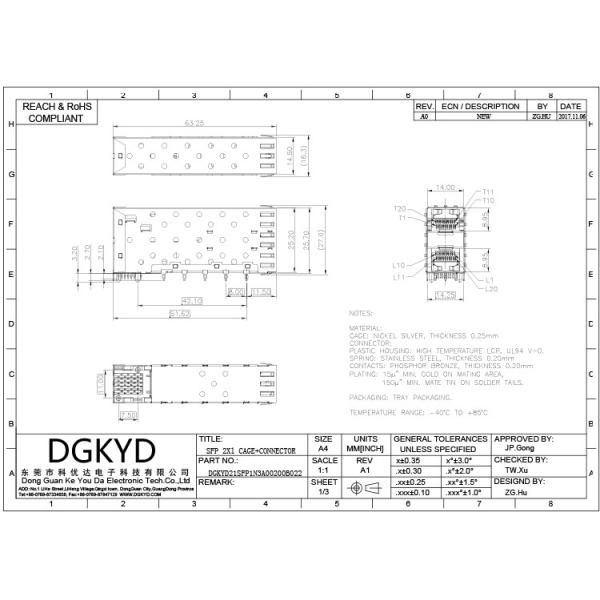 DGKYD21SFP1N3A00200B022 2*1 Cage Thickness 0.25mm RJ45 SFP Connector 15U Phosphor Bronze