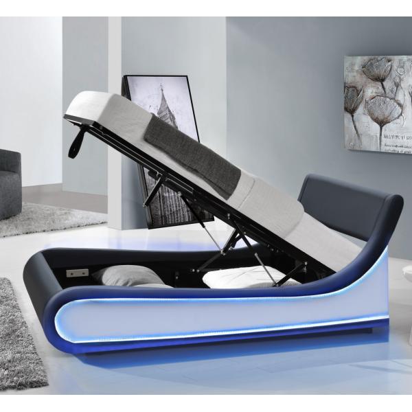 Double King Size LED Upholstered Bed Modern Black Faux Leather