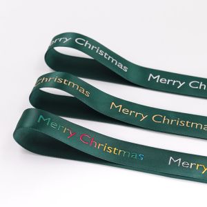 Custom Patterned Hot Stamp Ribbon , Smooth Surface Green Satin Ribbon