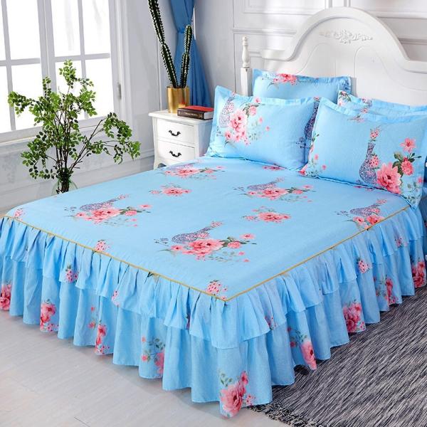 Modern Floral Plant Printed Bed Cover Fitted Lace Bed Skirt Sheets 3pcs Bedding Sets