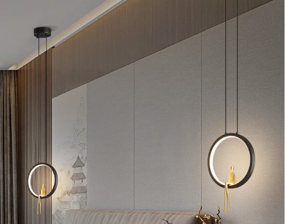 All-copper bedroom bedside chandelier Nordic light luxury creative personality character shape ring living room background wall decorative lamp