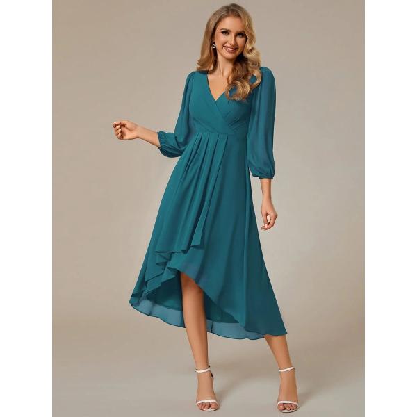 Elegant Empire Long Sleeve V-neck High Low A-line Ruffled Midi Hot Pink Chiffon Wedding Guest Party Dress