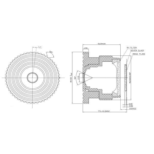 1/2.3", 7.4mm, 5 Megapixel F3.0 low distortion less than 1% lens , good for 1/2