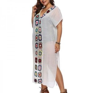 Women white see-through beach kimono style maxi dress with flower print