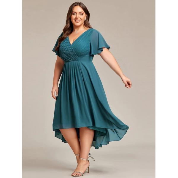 Empire Plus Size V-neck High-low A-line Short Sleeve Ruffled Dusty Blue Chiffon Wedding Guest Cocktail Dress