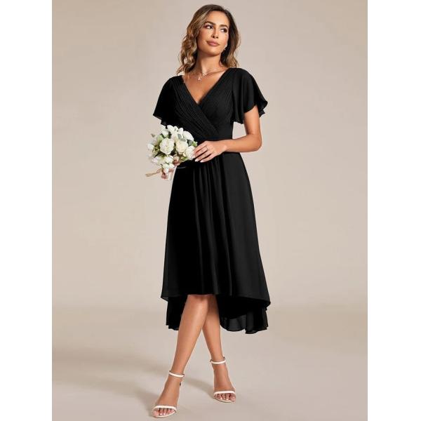 Chic V-neck High-low Short Flutter Sleeves A-line Ruffles Midi Invisible Zipper Black Chiffon Graduation Dress
