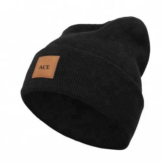 Buy Comfortable Plain Knit Beanie Hats With Leather Patch Customized Size / Color at wholesale prices