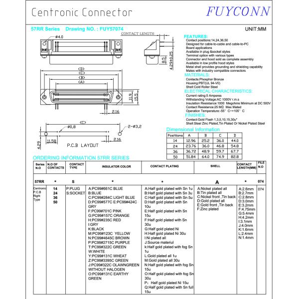 Centronic 14 24 36 50 Pin Champ R/A PCB Female Connector with Bracket Certified UL