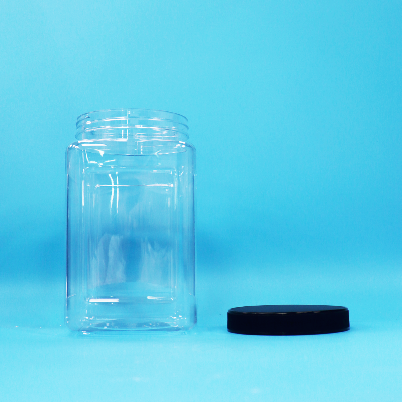 Transparent Jars Square Shape Plastic PET Black Lid For Food Candy Cookies