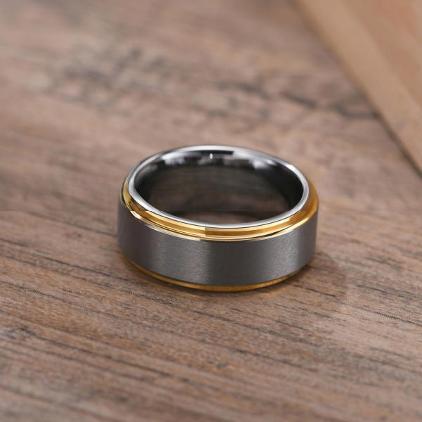 Silver Blue Gold Black Tungsten Wedding Band for Men 8mm Matte Brushed Finish Step Edges Comfort Fit Inlay Technology