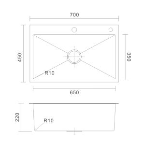 70x45 Topmount Stainless Steel Kitchen Sink Rectangular 16 Gauge Single
