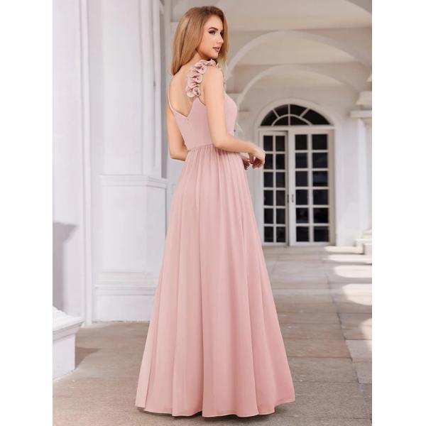 Elegant V-neck Floral Strap Empire A-line Waist Pink Chiffon Bridesmaid Dress
