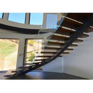 Apartment Building Curved Stairs Wood Tread Stainless Steel Railing Syestem
