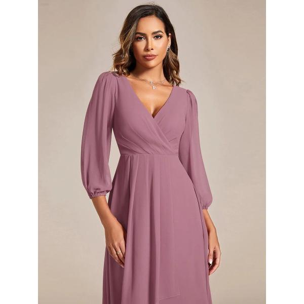 Elegant Empire Long Sleeve V-neck High Low A-line Ruffled Midi Purple Orchid Chiffon Wedding Guest Homecoming Dress