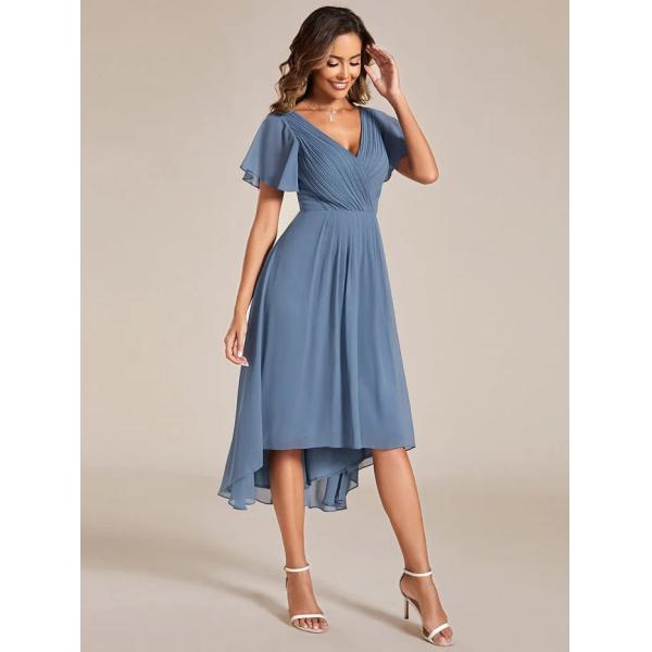 Chic V-neck High-low Short Flutter Sleeves A-line Ruffles Midi Invisible Zipper Dusty Navy Chiffon Wedding Evening Dress