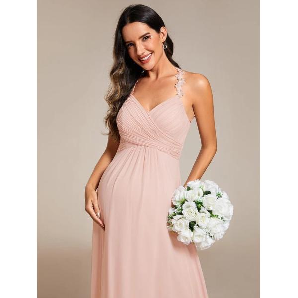Empire A-line Backless Floral Halter Neck V-neck Pleated Cut-out Back Zipper Pink Chiffon Evening Dress
