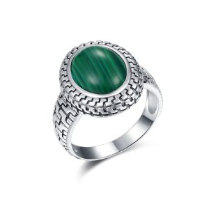 Quality Womens 925 Silver Gemstone Rings Oval Egg Shape Malachite Engagement Rings for sale
