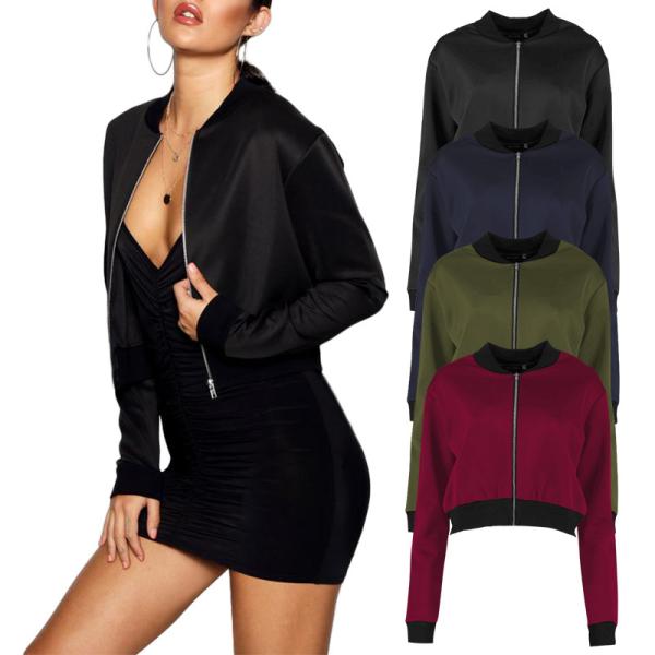 Wholesale spring autumn Ladies short cropped stand-neck baseball zipper jacket womens coat