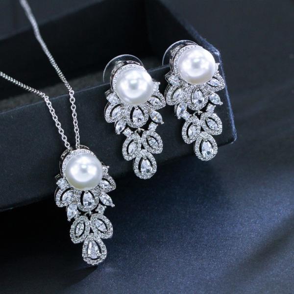 Luxury Crystal Bridal Wedding Jewelry Pearl Rhinestone Women Girls Necklace Sets Engagement Pa