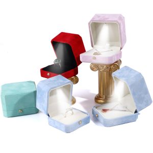 Customer's Logo Blue Octagonal Flannel Gold Buckle Jewelry Box for LED Jewelry Ring Box