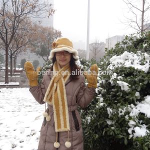 Winter Shearling Sheepskin Hats Gloves And Scarf Set Medium Length
