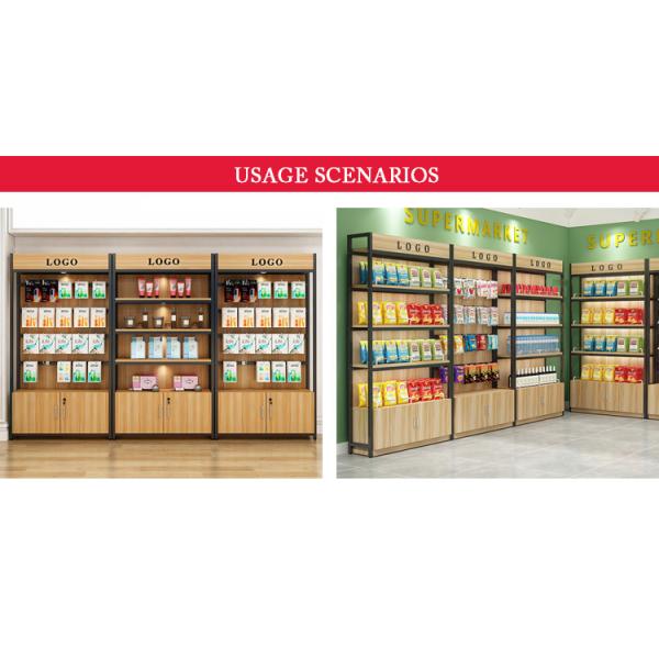 Customizable Single-Sided Supermarket Shelf with Metal and Wood