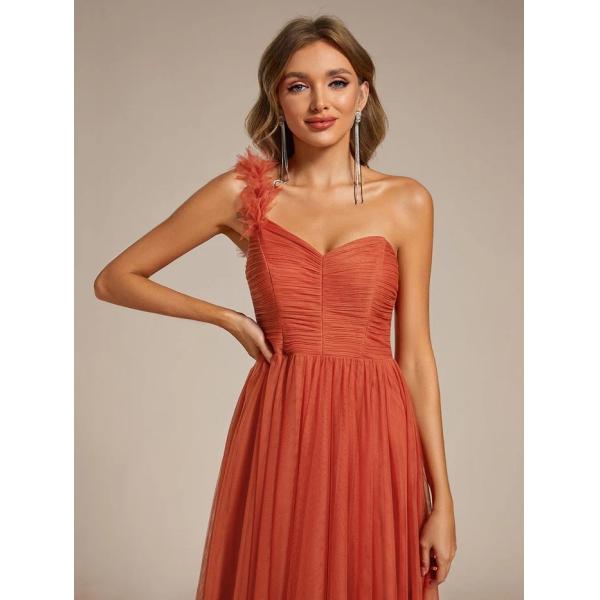 Exquisite One-shoulder Sweetheart Ruffled A-line Zipper Pleated High Slit Burnt Orange Tulle Evening Dress