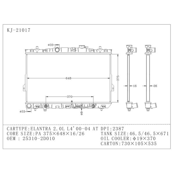 Auto 2000 - 2004 Hyundai Radiator for ELANTRA 2.0L L4'00 OEM 25310 - 2D010