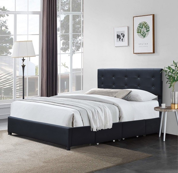 Queen Upholstered Platform Bed Frame Black Faux Leather Metal Four Drawer With LED Light