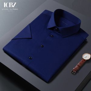 Men's Stretch Printed Non-iron Short Sleeved Dress Shirt for Business and Casual