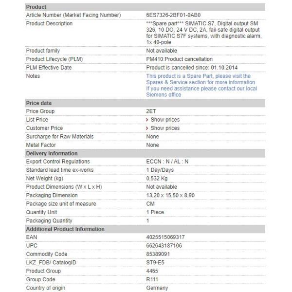 6ES7326-2BF01-0AB0 6ES7 326-2BF01-0AB0 Siemens Output Module