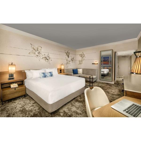 Buy Phuket travel hotel new furinture supplier from China for Bedroom set by wood bed with table desk and fabric sofa chair at wholesale prices