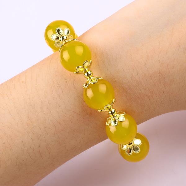 14MM Natural Energy Yellow Chalcedony With Yellow Jade Heart Carving Lucky Crystal Bead Bracelet