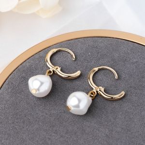 Korea Stainless Steel Gold Hoop Earrings 10mm Pearl Drop Earrings For Women