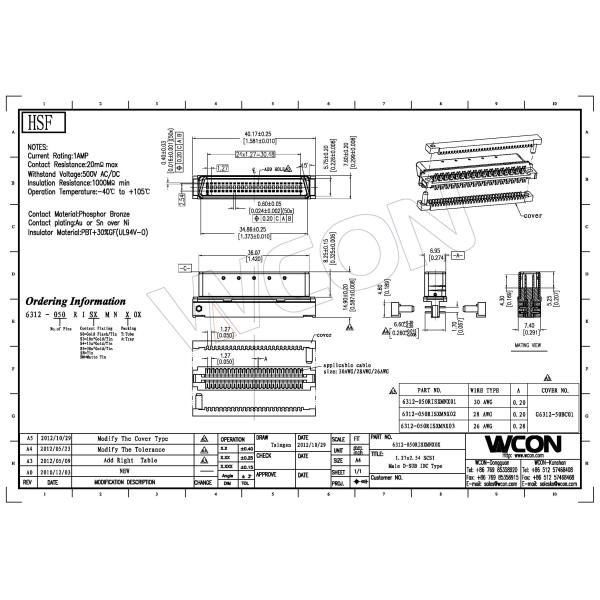 1.27mm scsi male D-Type connector mating with 6311 50 pin scsi connector phosphor bronze