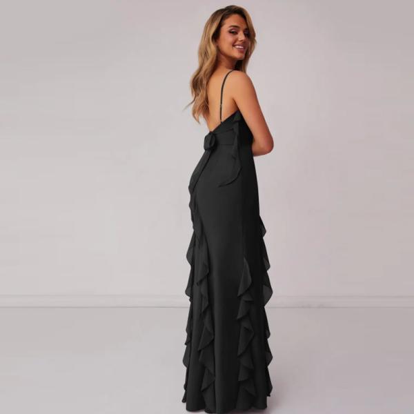 Excellent Plus Size Black Chiffon Bridesmaid Dress Sheath Spaghetti Straps Ruffles Backless Straight Front Split Slit