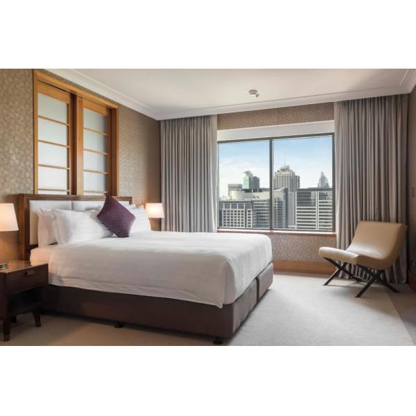 Buy Kampong Chhnang Wood furniture for Hotel interior guestroom furniture of Upholstered headboard bed with TV wall cabinets at wholesale prices