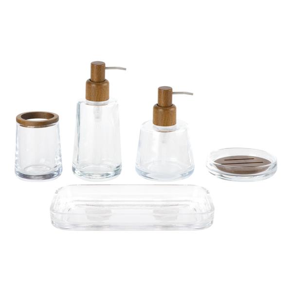 Buy Round Shape Clear Glass Bathroom Accessories Set with Wood Part Soap Dispenser at wholesale prices