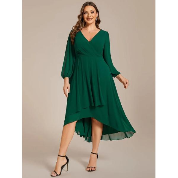 Elegant Empire Long Sleeve V-neck High Low A-line Ruffled Midi Dark Green Chiffon Wedding Guest Evening Dress