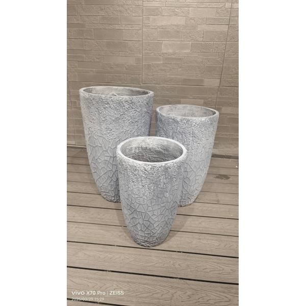 Geometric Cracked - Like Design Grey Round Fiber Clay Planter Mosaic Pattern