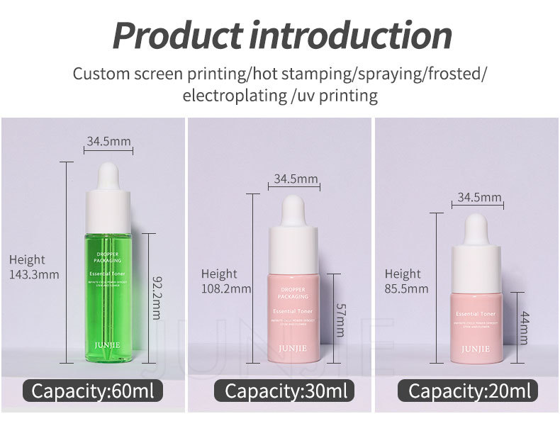 Customized logo Luxury Plastic Skincare Packaging 20ml 30ml 60ml 1oz Frosted Flat Face Serum Essential Oil Dropper Black Bottle