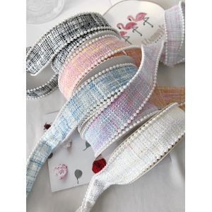 25mm Polyester Ribbon Lattice Plaid Ribbon Pearl Edge OEM ODM