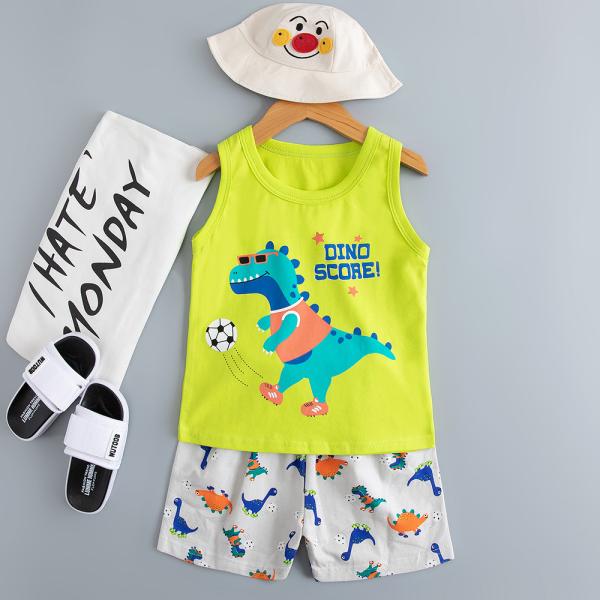 Soft Cartoon Printed Nightwear / Cotton Vest And Shorts Pyjama Set For 110cm