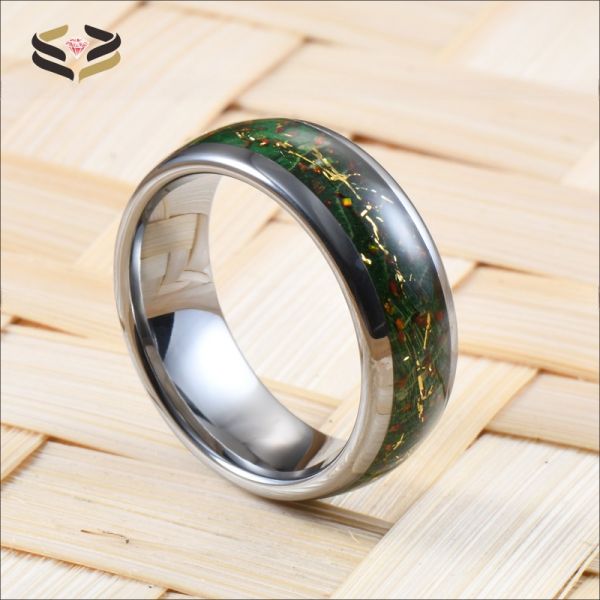 Opal Gold Foil Green Box Elder Wood Inlay Dome 8mm High Polished Tungsten Carbide Ring for Men Wedding Band