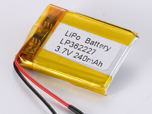 China LP362227 3.7V 240mAh Lithium Polymer Battery with High Energy Density 150-200 Wh/kg and Maximum Discharge Current 0.35A on sale