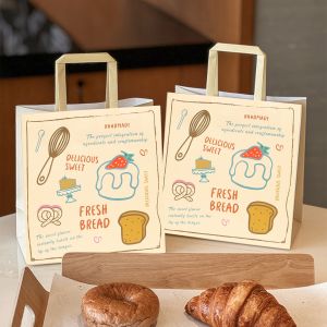 Kraft Carry Bags Custom Printed Bakery Packaging With Vintage Dessert Illustrati